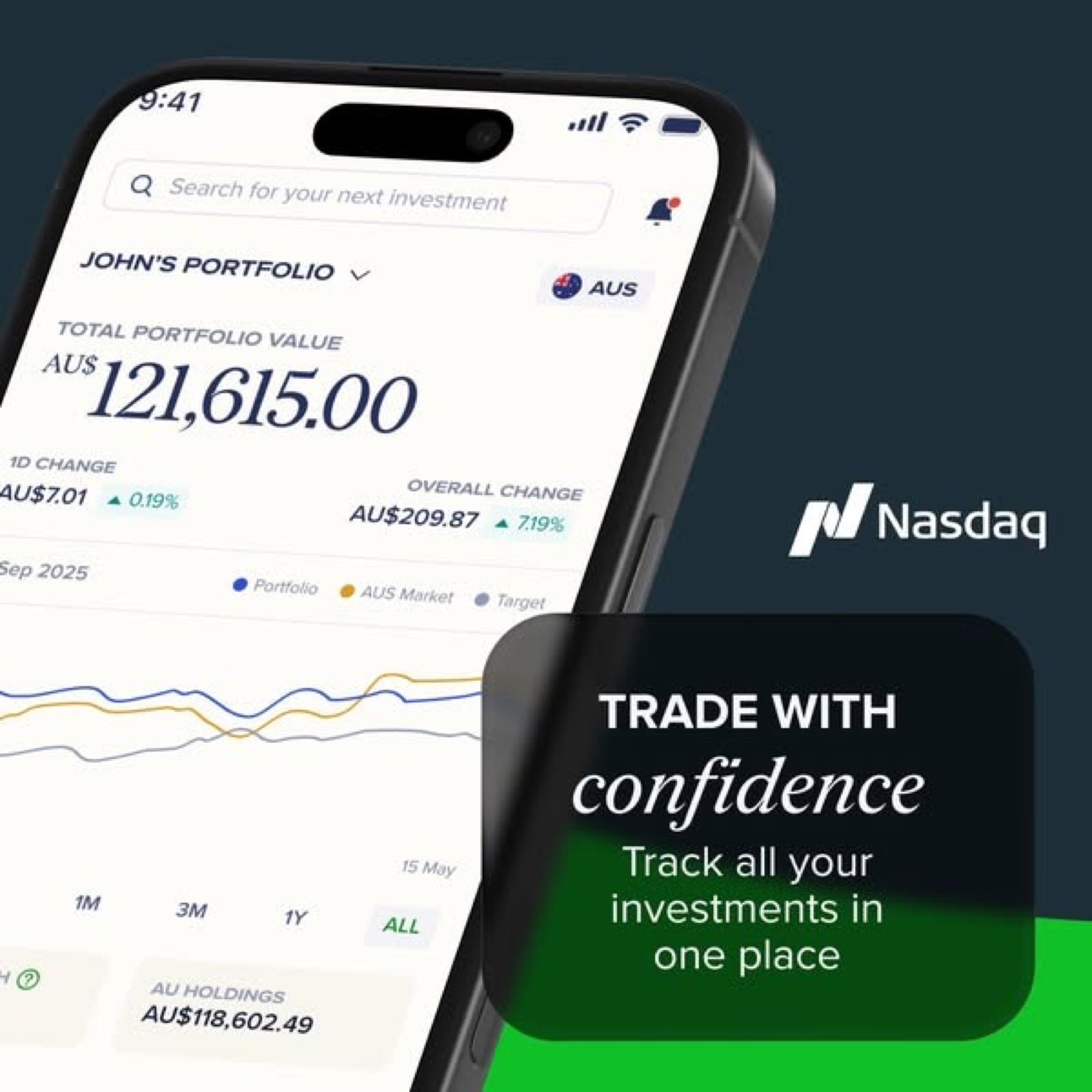 Selfwealth portfolio tracking app shown on phone with Nasdaq branding
